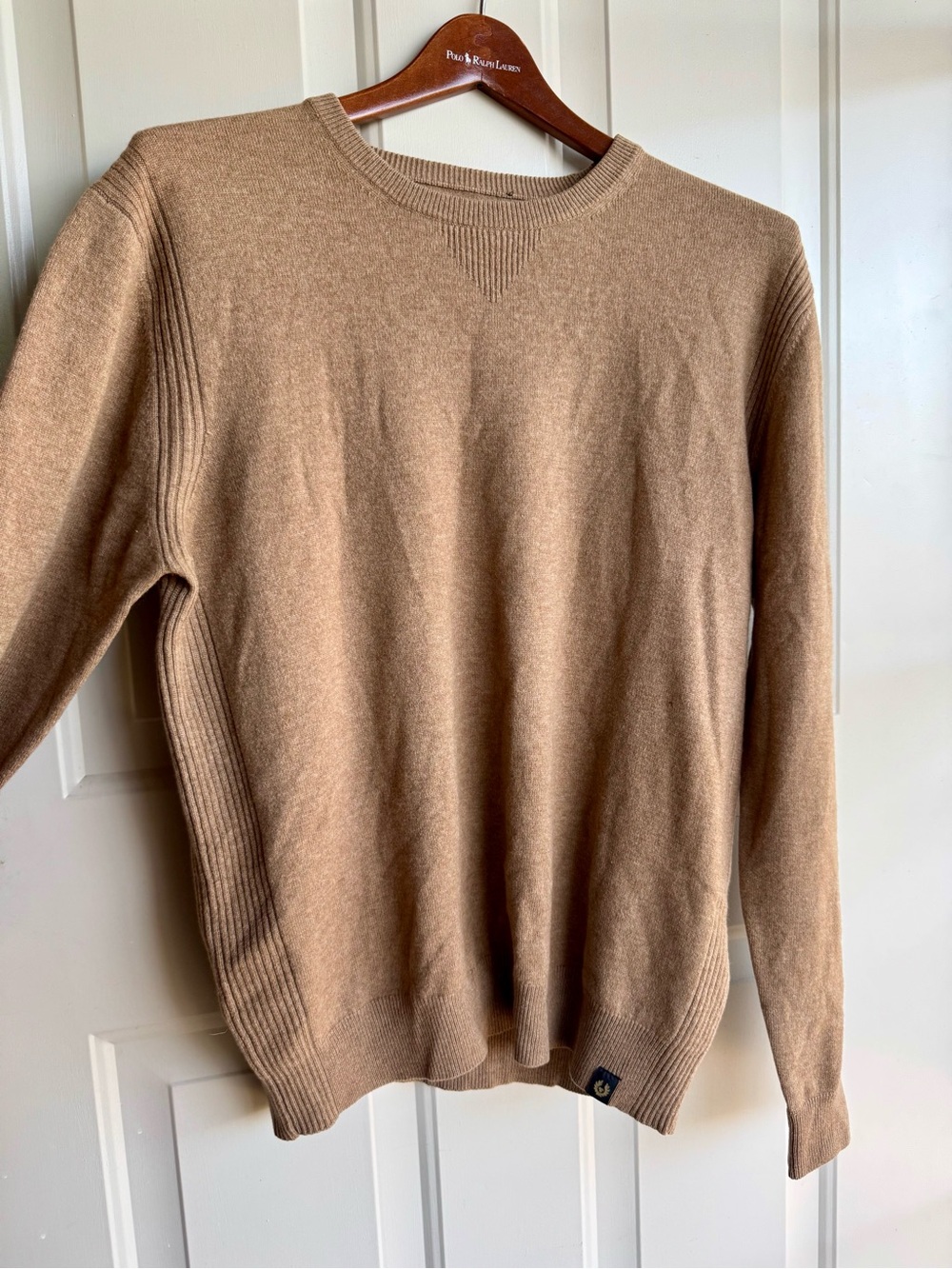 Belstaff Men’s Camel Tan Crewneck Knit Sweater Ribbed Detail